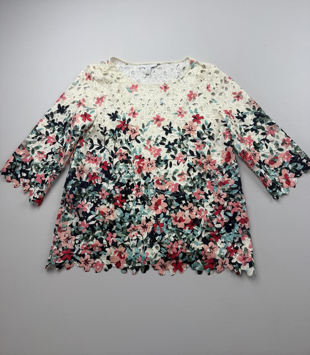 Charter Club Blouse Womens PM Petite Multicolor Scoop Neck 3/4 Sleeve Lace